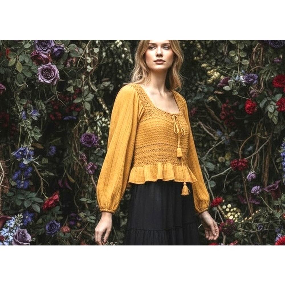 American Eagle NWT Blouse Top Crochet Gauze SZ LG Long Sleeves Mustard Smocking